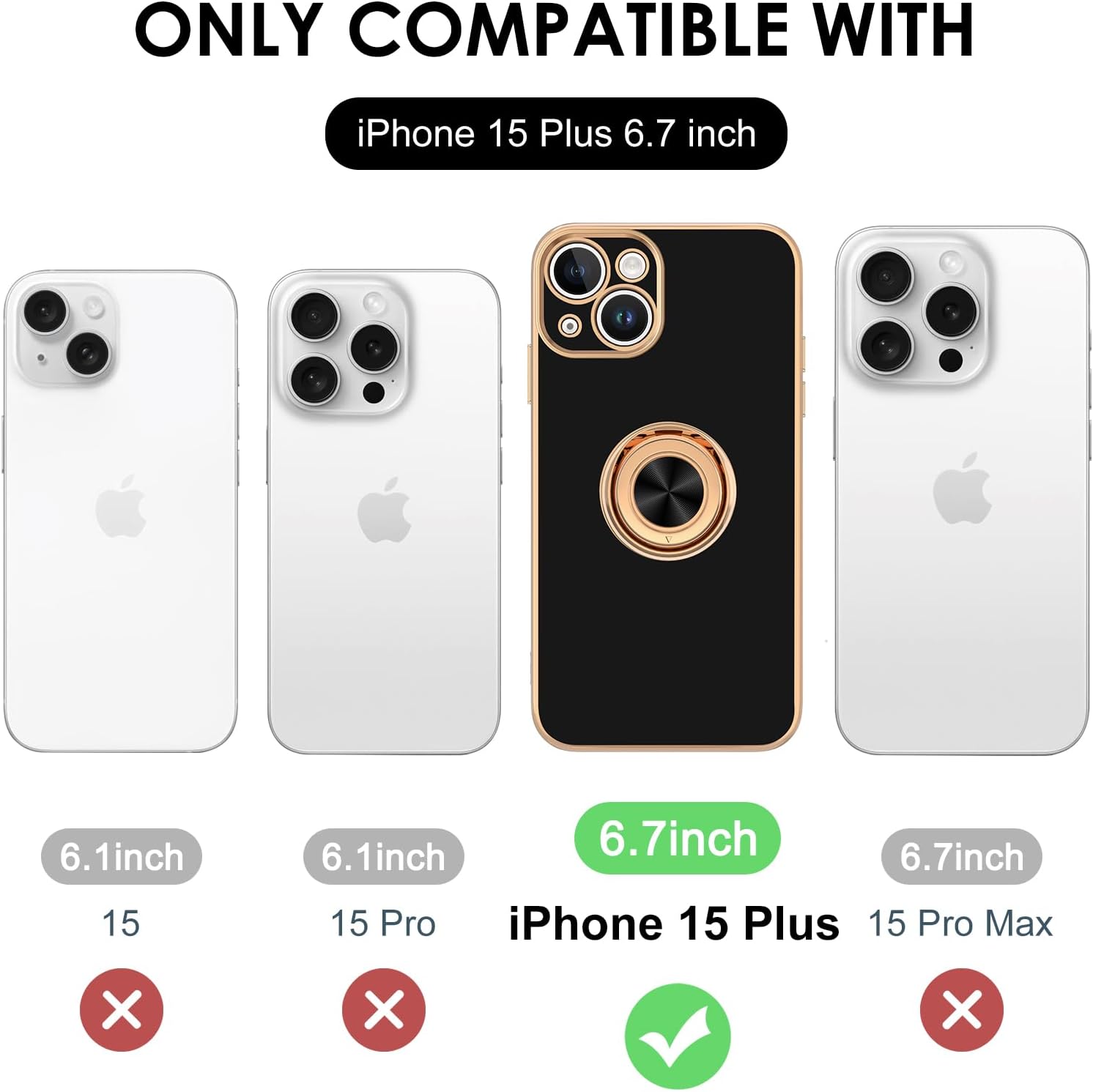 Hython for iPhone 15 Plus Case with Ring Stand, 360° Rotatable Ring Holder Magnetic Kickstand, Plating Rose Gold Edge Soft Cover Luxury Protective Phone Case for iPhone 15 Plus 6.7"​, Black - Image 7