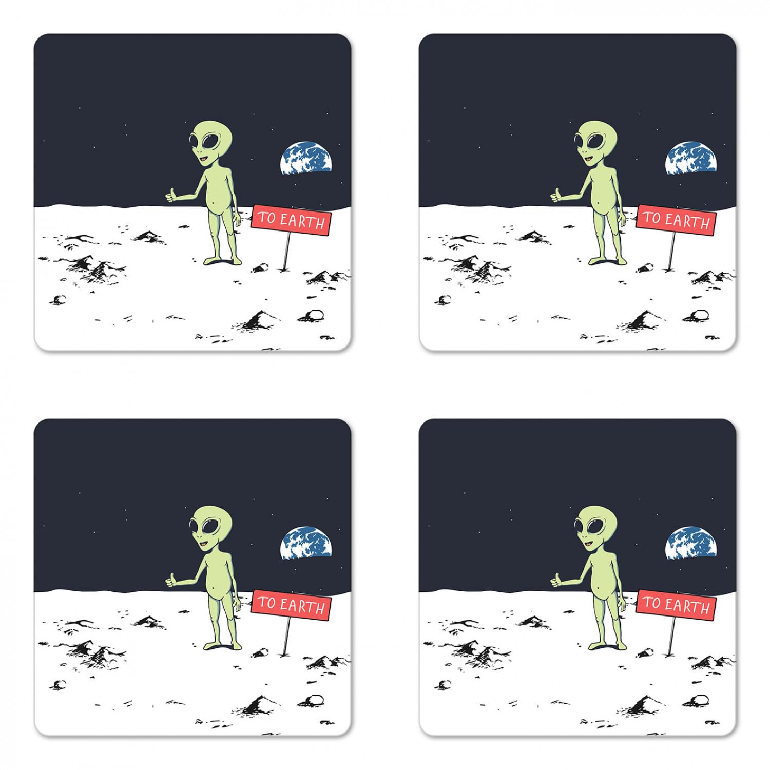 Ambesonne Alien Coaster Set of 4, Hitchhiker Extra-Terrestrial Character on The Moon Wants to Visit Earth, Square Hardboard Gloss Coasters, Standard Size, Pale Green Night Blue