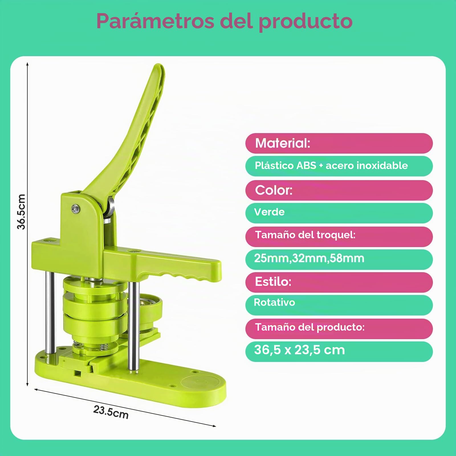 Máquina para Hacer Botones, 58mm/32mm/25mm DIY Fabricante de Pins y Distintivos Prensa de Troquelado Sin Instalación con 300 Piezas de Botones (Verde)