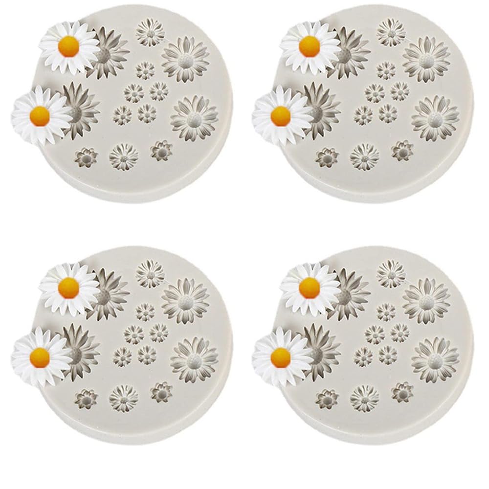 4 Pcs Cute Flower Silicone Molds Daisy Shape Fondant Candy Mould Mini Flower Chocolate Molds for Cake Decoration Cupcake Topper Fudge Polymer Clay