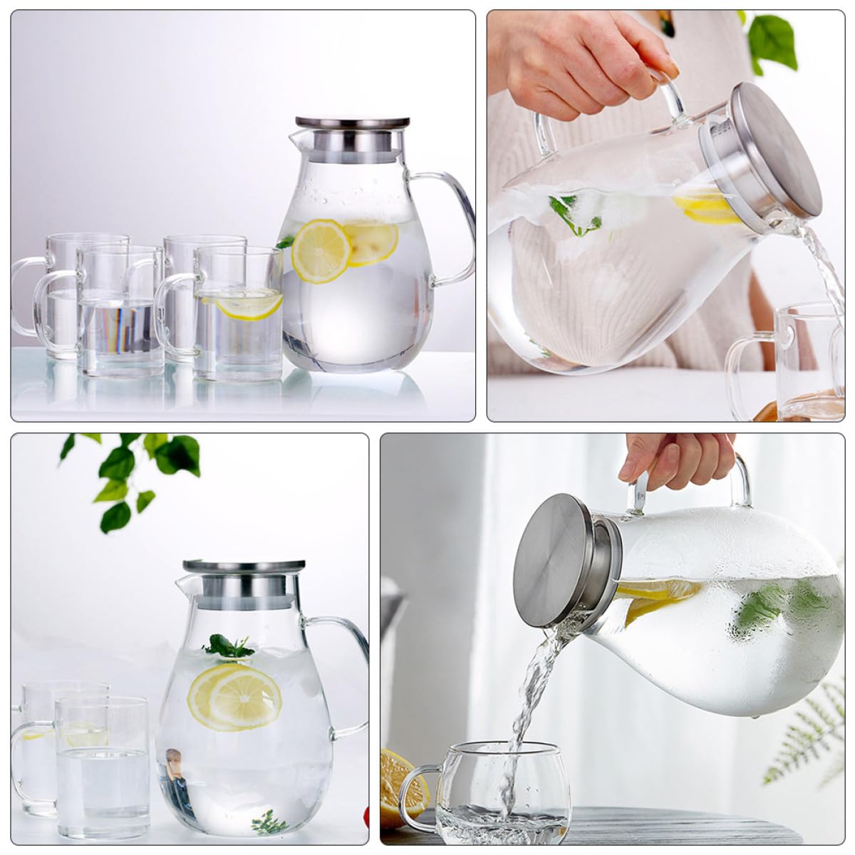 SHINEOFI Jarra de Agua de Vidrio de 2000 Ml Tapa Antigoteo Hervidor de Bebidas Multiusos Hogar Botella Práctica para Jugo y Agua Fría