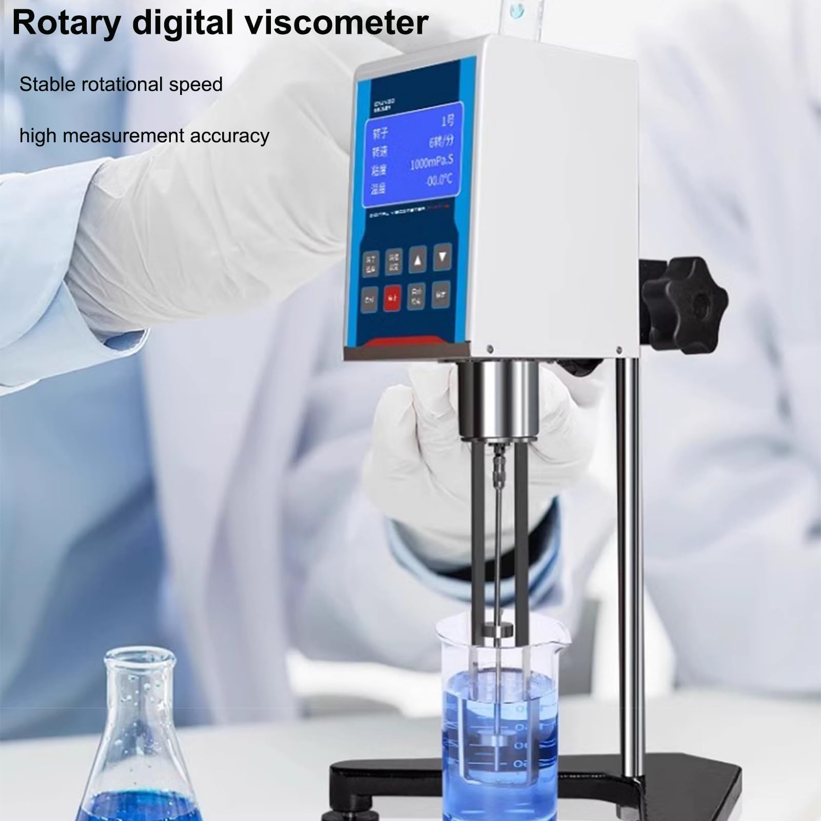 Viscosímetro giratorio digital con pantalla LCD, 4 rotores y 9 velocidades, mide la viscosidad y reología de los fluidos, rango de 10-600000 Mpa.s, ± 3% de precisión