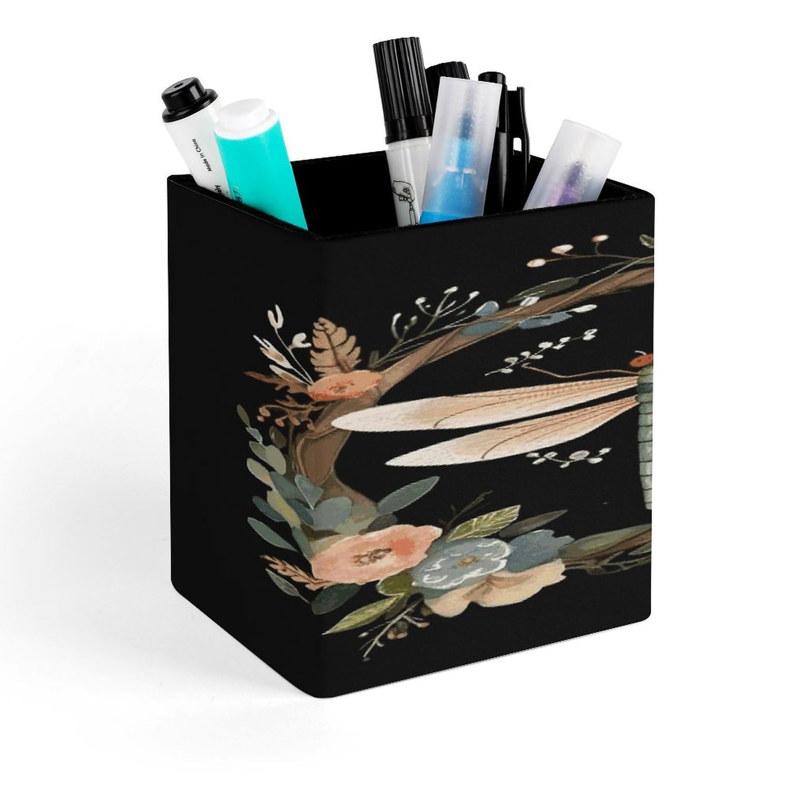JTREHY - Square Dragonfly Crown Pencil Holder Pencil Holder PU Leather Stationery Organizer Office Accessories Container Box