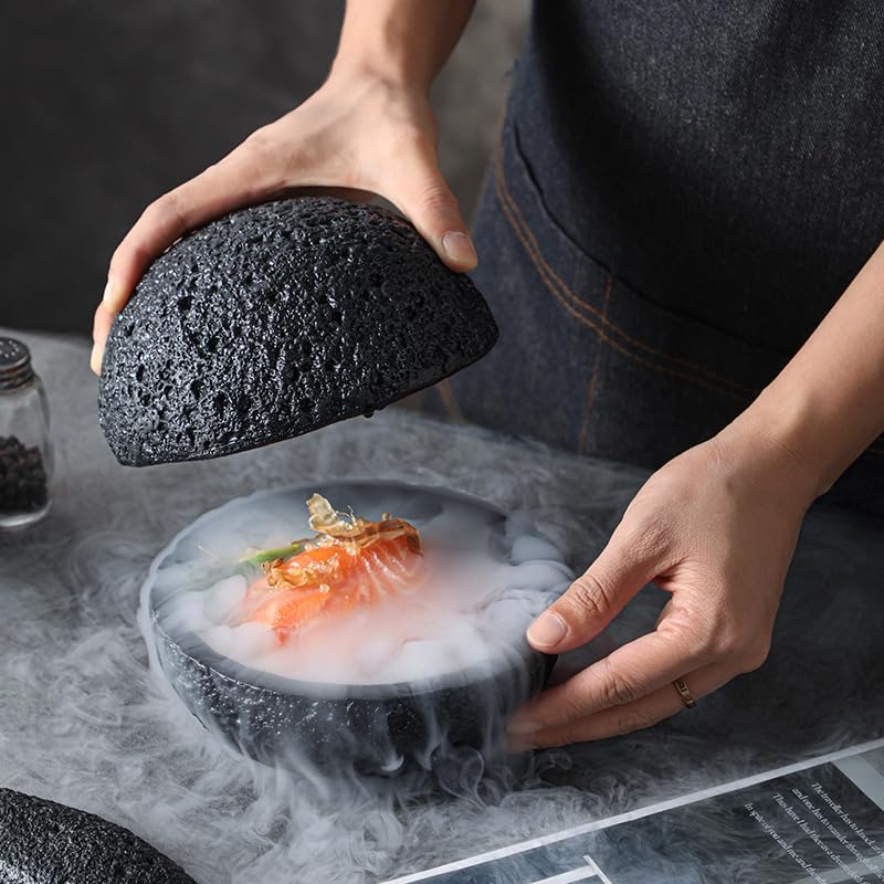 Volcanic rock spherical dry ice sushi tray, Plate Sashimi Sushi Steak, ceramic plate, Japanese sushi beef Sashimi plate, interior copper mesh, 4.8 inches in diameter