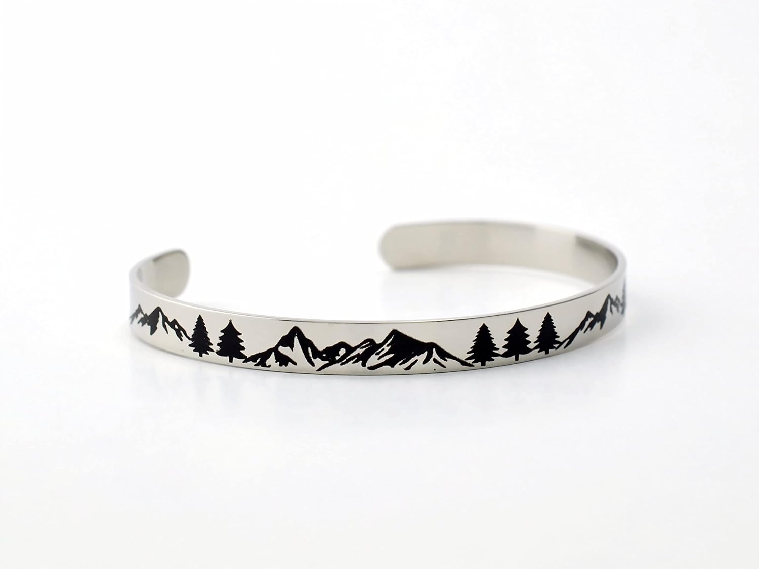 Forest Mountain - Stainless Steel Cuff Bracelet, Pine Trees, Outdoor Travel, Hiking, Skiing, Wanderlust, Travelers Gift, Custom Personalized for Couples Sisters Friends, Anniversary Birthday Christmas