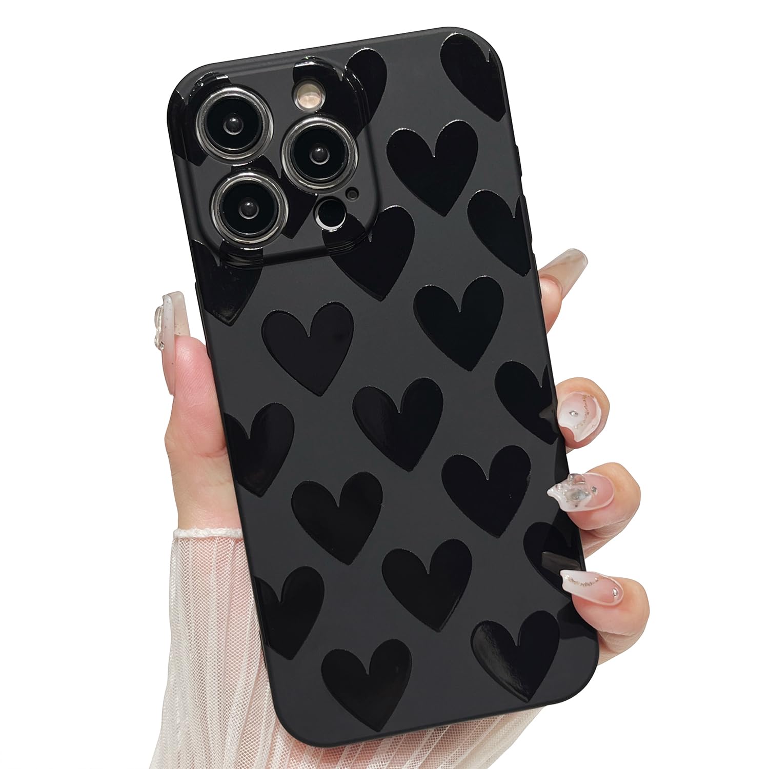 iPhone15 / black 【dress HEART 】 Black Lovely Minimalist Repeated Heart iPhone 15 14 Tough