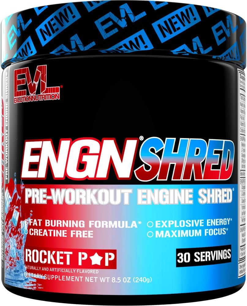 EVL Ultimate Pre Workout Powder - Thermogenic Fat Burn Support Preworkout Powder Drink for Lasting Energy Focus and Stamina - ENGN Shred Intense Creatine Free Preworkout Drink Mix - Rocket Pop