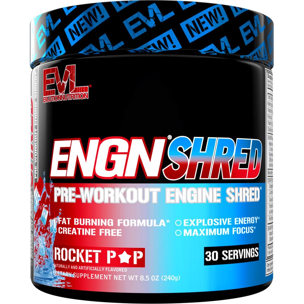 EVL Ultimate Pre Workout Powder - Thermogenic Fat Burn Support Preworkout Powder Drink for Lasting Energy Focus and Stamina - ENGN Shred Intense Creatine Free Preworkout Drink Mix - Rocket Pop