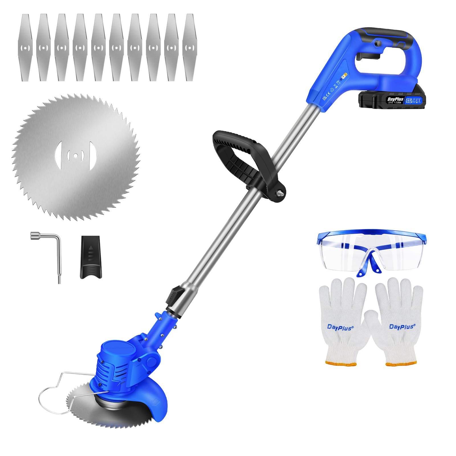 Garden Cordless Strimmer - Electric Grass Strimmer with Metal Blade - 21V 1.5Ah Lithium Battery & Fast Charger - Lightweight Lawn Mower - For Garden Clearing Weeds Trees - Blue