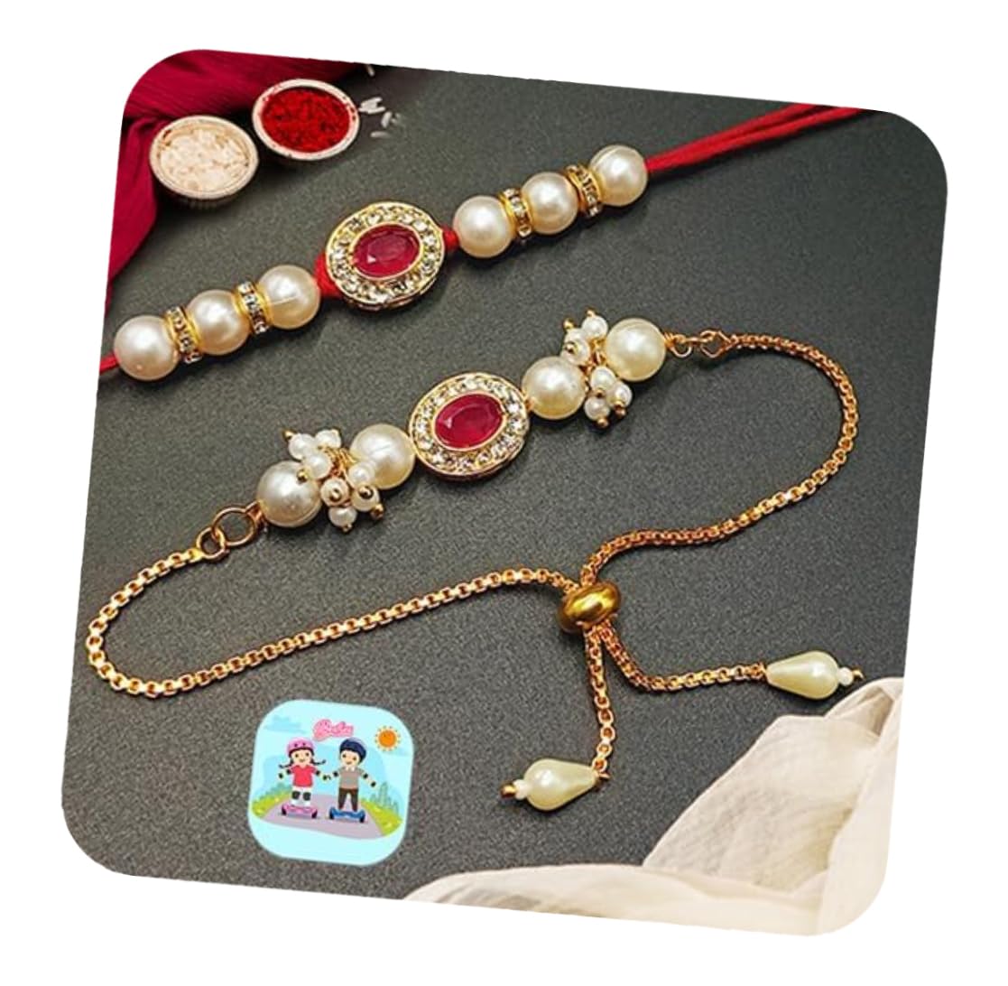 CraftVatika Rakhi Combo Set for Brother and Bhabhi Premium Lumba Floral Rakhi Kundan Bracelet Rakhi for Bhaiya Bhabhi Raksha Bandhan Couple Pearl Rakhi Set of 2-picture-3