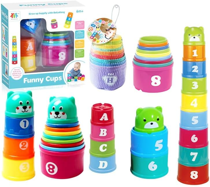Stacking Cups Set, 8Pcs Stackable Number Cups–Colorful Nesting Water Toys for Bath, Beach, Pool–Educational Learning Toys for Boys Girls–Gift for 1 2 3 Year Old