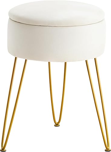 Miniatura 5 de LUE BONA Taburete de terciopelo para sala de maquillaje, otomana de almacenamiento redondo beige, taburete para tocador con patas doradas, silla de