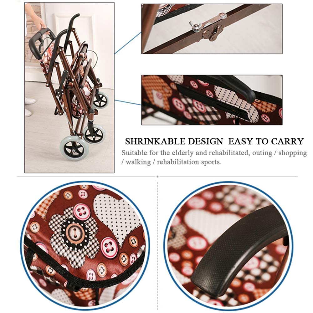 Carrello multifunzione da cucina con sedile e riposo Design pieghevole a 4 ruote girevoli freno di parcheggio di sicurezza freno a piedi Assist Utility Cart per stoccaggio Marrone Reticolo Reticolo