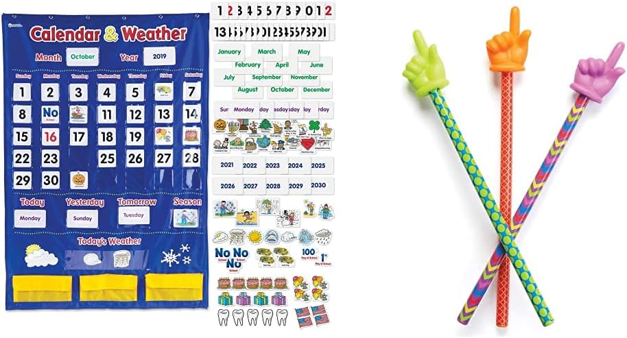 Learning Resources Calendar & Weather Pocket Chart + Patterned Hand Pointers (Set of 3)