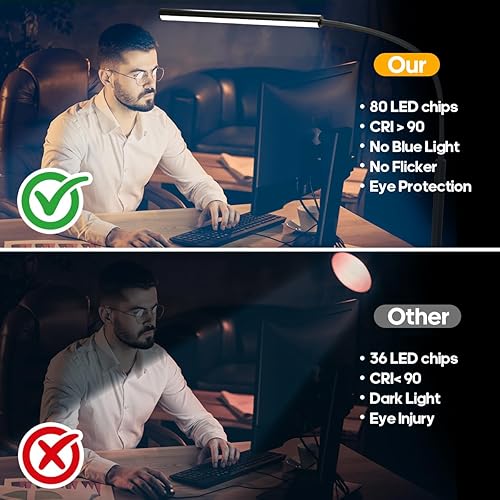 Miniatura 4 de Lámpara de escritorio LED con abrazadera, protección ocular con clip, 5 modos, 10 ajustes de brillo, lámpara de cuello de cisne flexible de 360°