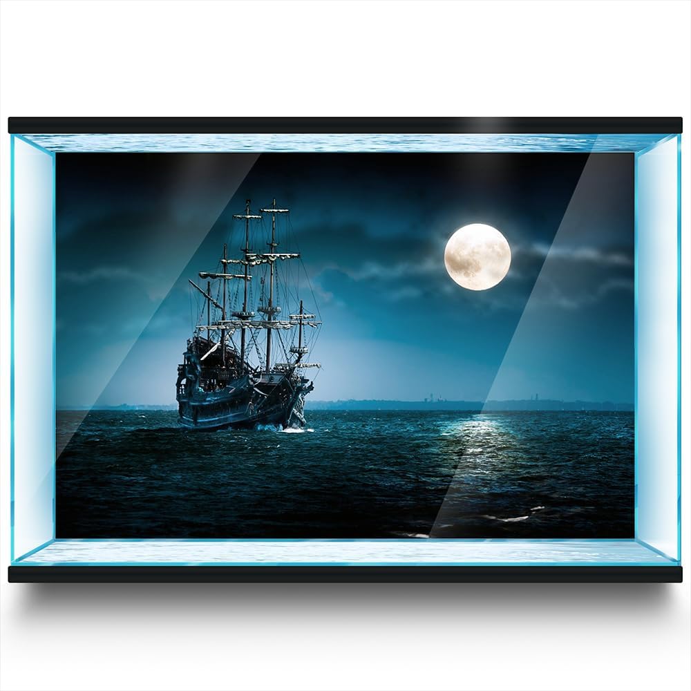 Aquarium Background Stickers - Sailboat Moon Night - Fish Tank Reptile Terrarium Decor Poster (120 x 60 cm / (47.2 x 23.6 inches))