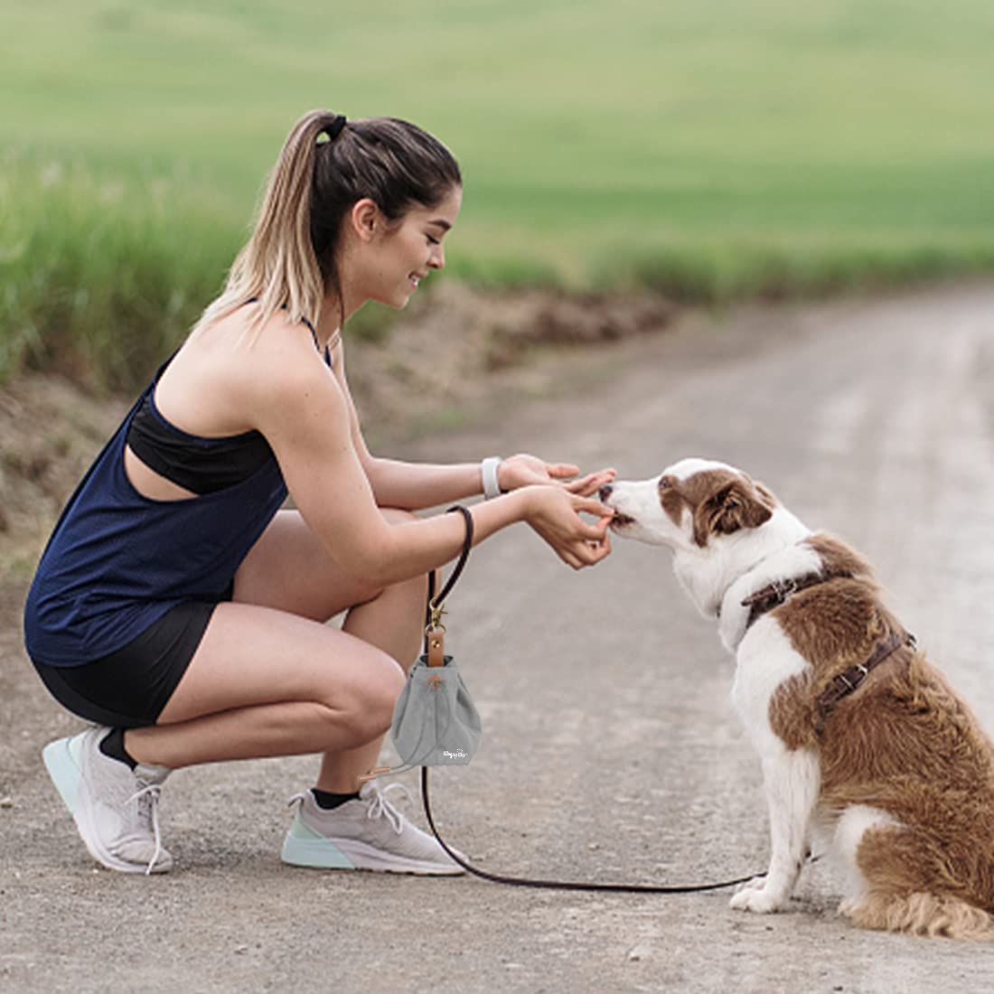 Sacchetto per cani in tela con clip e corda, per addestramento del cane (grigio)