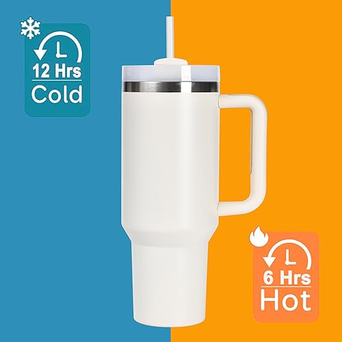 Miniatura 5 de Vaso de 40 onzas con asa, popote, tapa, botella de agua de acero inoxidable aislada al vacío, taza de viaje de aventura para café helado, té