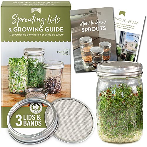 Country Trading Co. Seed Sprouting Kit - 3 Stainless Steel Mesh Lids and Bands plus Complete Guide to Sprouting Seeds