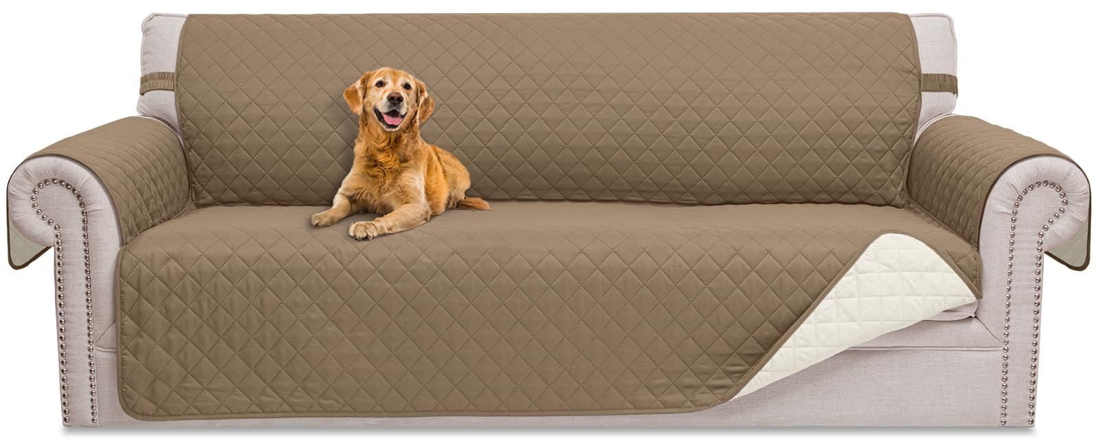 HOMERILLA Couch Cover for Sofa, Dog Couch Covers for Pets, Couch Covers for 3 Cushion Couch Sofa, Reversible Sofa Covers Furniture Protector with Elastic Straps (68" Sofa, Taupe/Ivory)