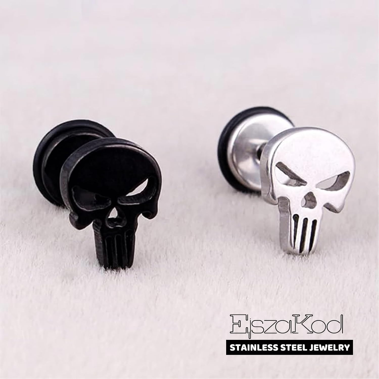 Gothic Skull Stud/Huggie/Clip-On Earrings | Silver Black Surgical Stainless Steel Earrings | Punk Rock Ear Piercing Skeleton Halloween Jewelry | Screw Back