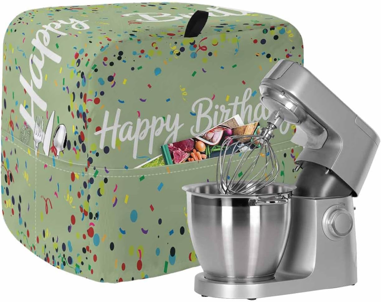 Stand Mixer Cover with Storage Pocket, Happy Birthday Waterproof Kitchen Mixer Covers, Sage Green Modern Abstract Art Kitchen Appliance Dust Cover Compatible with 4/4.5 Quart Mixers