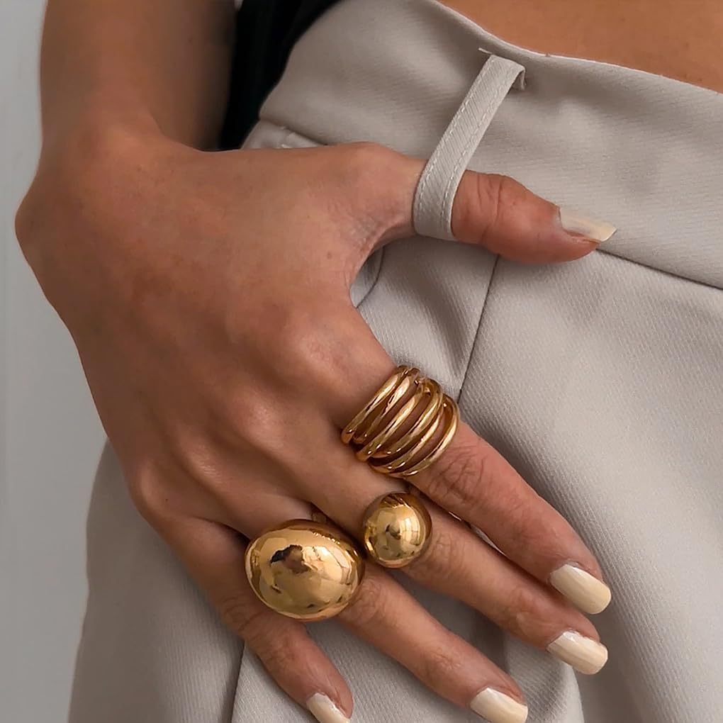 GIGB PBDK 3Pcs Chunky Stacked Gold Dome Knuckle Rings Set for Women,Vintage Geometric Aesthetic Line Statement Finger Rings,Trendy Jewelry Accessories Gifts - Image 2