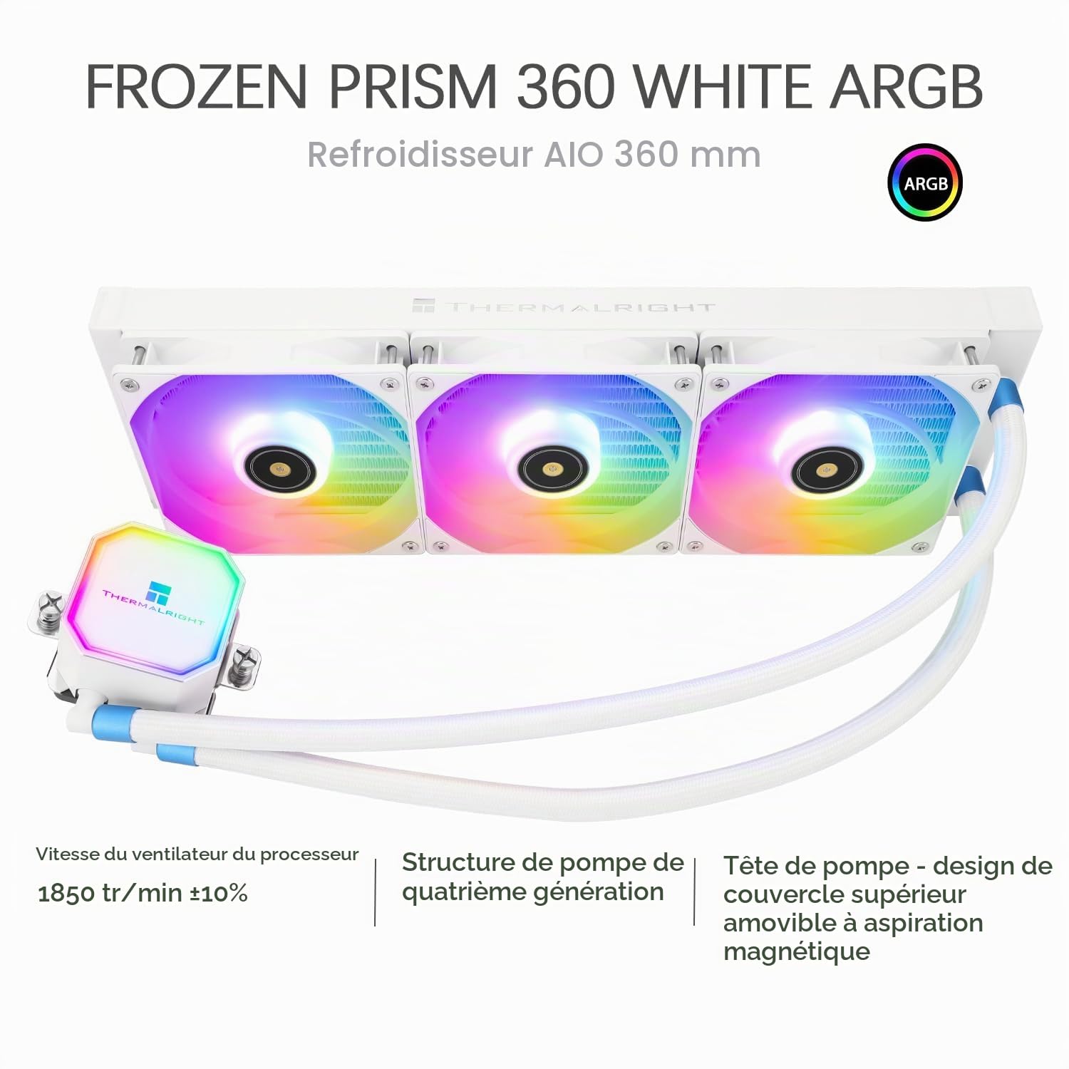 TR-Thermalright Frozen Prism 360 White ARGB Refroidisseur liquide pour CPU,refroidisseur Aio 360mm,ventilateur 3x120mm-2000tr/min,pour AM4 /AM5, Intel LGA1851/1700/115X
