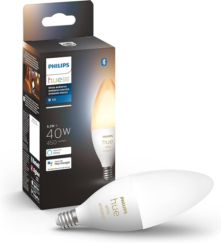 Bombilla LED Philips Hue 40W B39 con forma de vela - Ambiente blanco - 1 paquete - 450LM - E12 - Interior - Control con aplicación Hue - Funciona con Alexa y Google Assistant