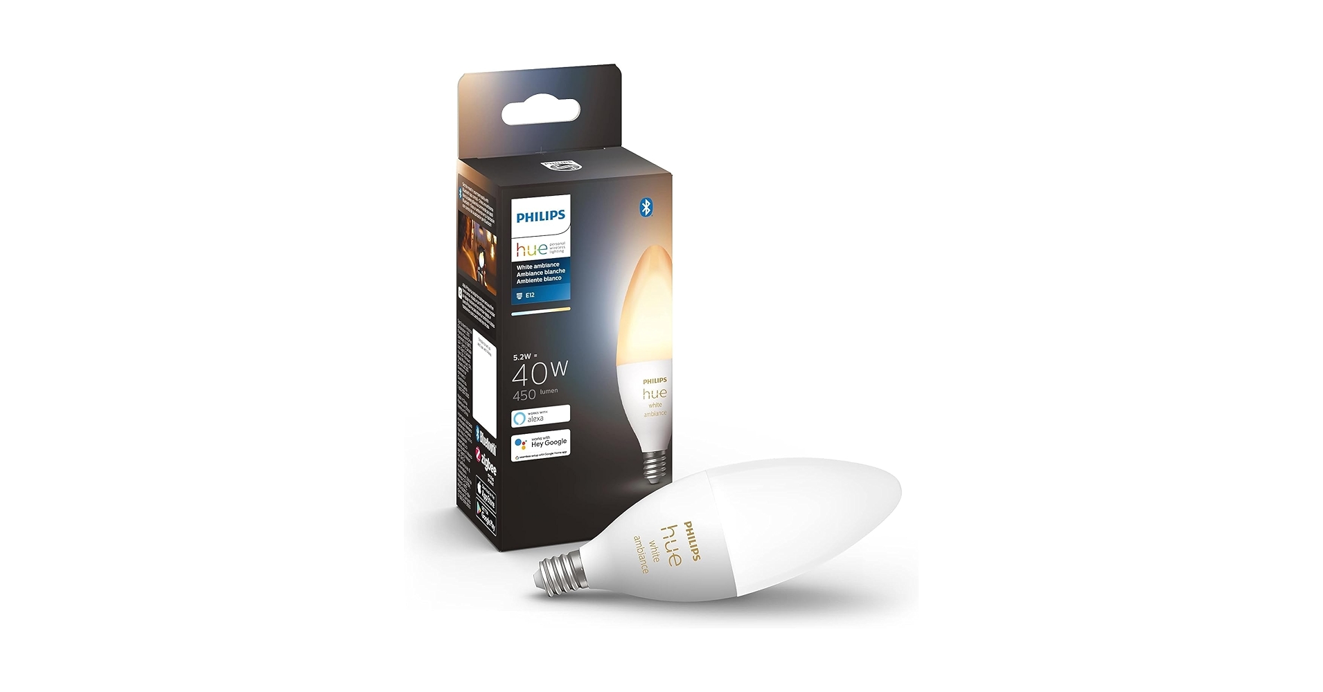 Philips Hue 40W B39 Candle-Shaped LED Bulb - White Ambiance