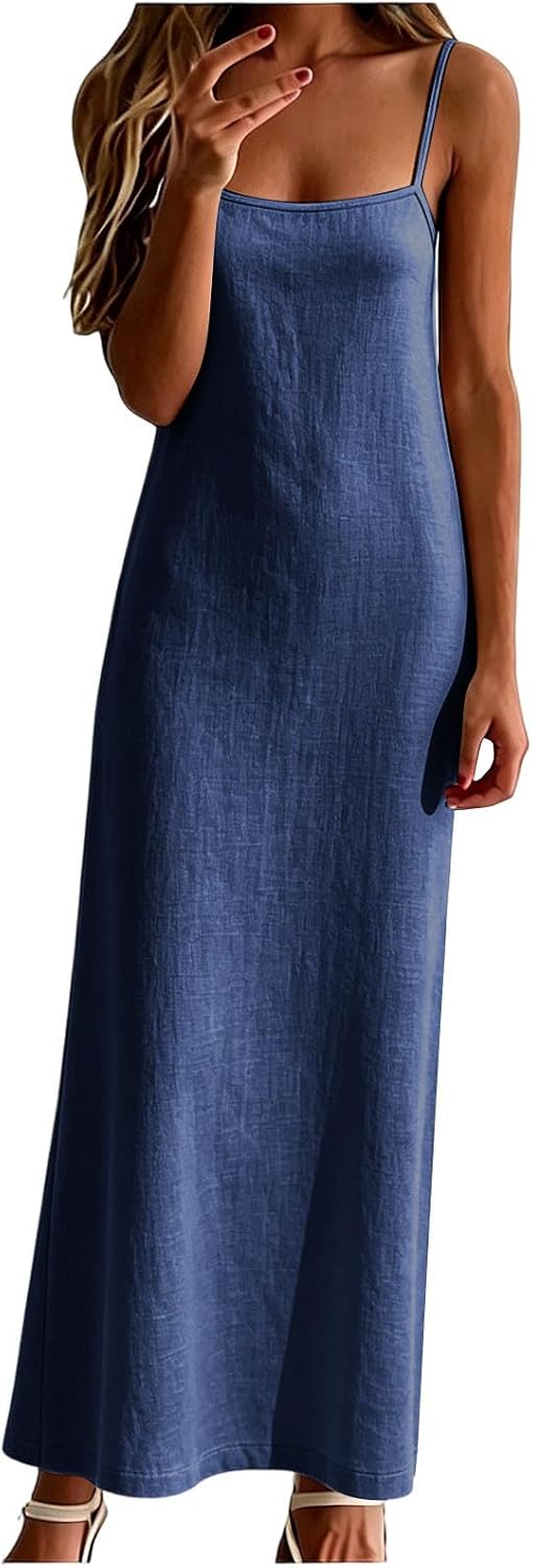 Womens Summer Lightweight Spaghetti Strap Maxi Dress | Breathable Cotton Linen Dresses for Women, Loose Spaghetti Straps Square Neck, Fits Beach, Travel and Daily Casual Occasions