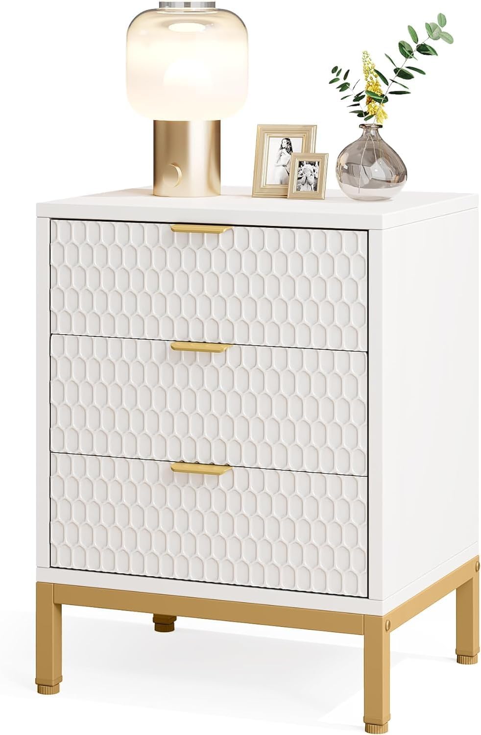 3 Drawers Nightstand Modern Gold White Bedside Chair Side End Table with Storage for Bedroom, Living Room，White Gold