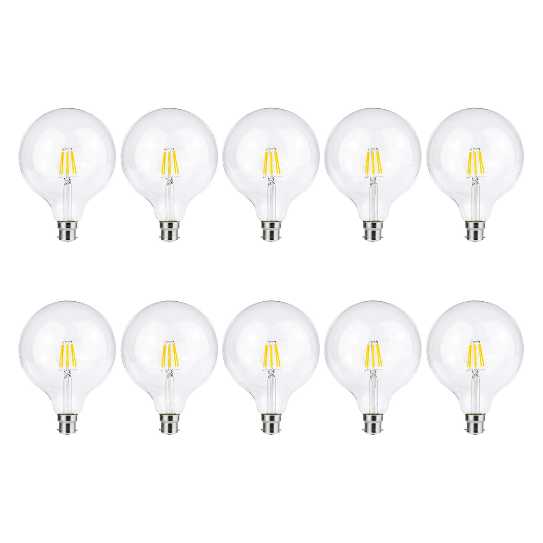 G.W.S® LED Filament Bulb, G125 B22 Bayonet, LED Globe Bulb, 8W Dimmable Day White 6400K, Clear Glass, Pack of 10