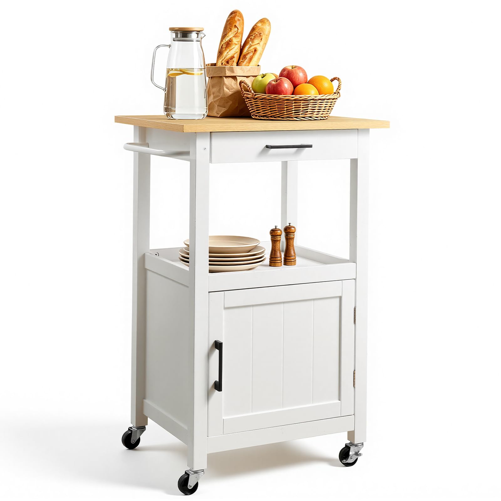 VEVOR Carrello da Cucina Anta Singola Cassetto per Sala da Pranzo Bianco | Mobiletto Portaoggetti, Portasciugamani, Ganci, Tavolo Portautensili con 4 Ruote, Piccola Stazione da Caffè, Salotto, Ufficio