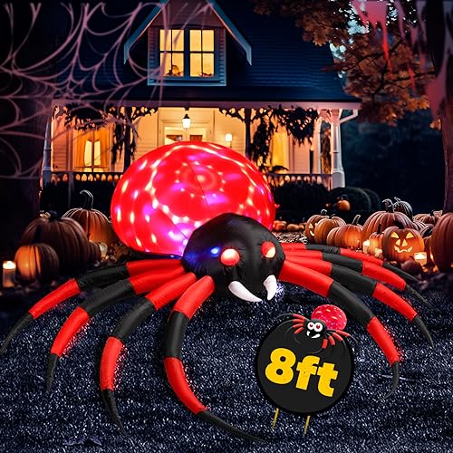 Halloween Inflatables Decorations Outdoor Yard: 8FT Giant LED Rotating Lights Scary Red Black Spider Halloween Animated Decor Blow Up for Outside Yard Lawn Home Prop Garden Party Large Air Blow