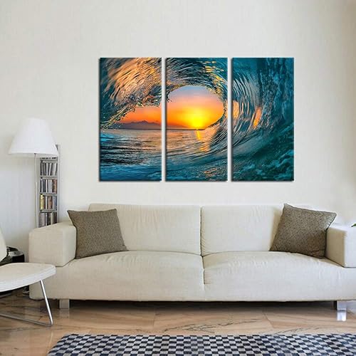 Miniatura 2 de KREATIVE ARTS Lienzo grande de 3 piezas de impresiones artísticas para pared, puesta de sol, mar, agua, olas del océano, pinturas modernas,