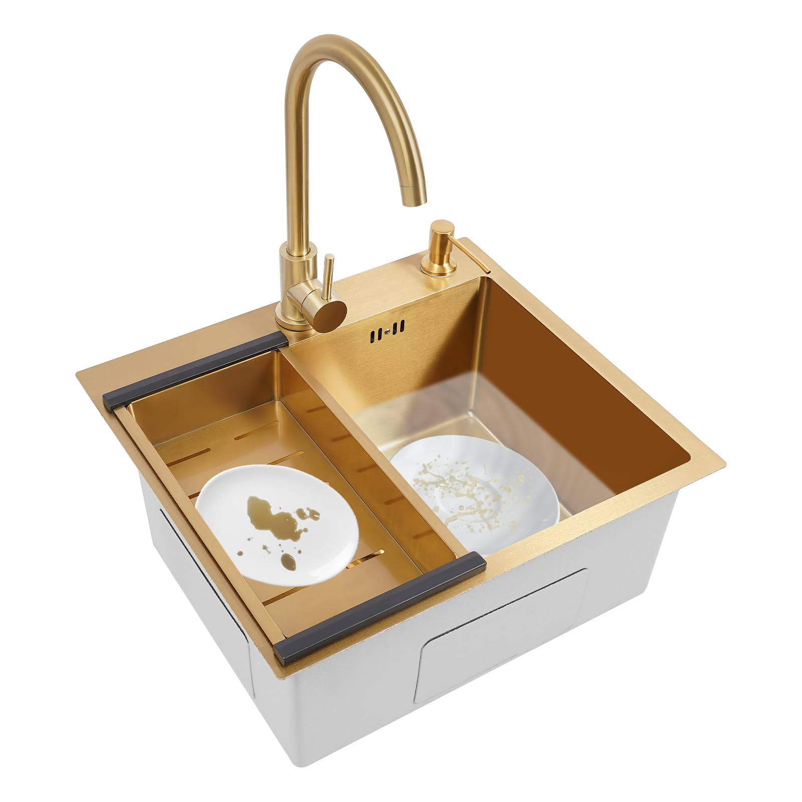 Fregadero de acero inoxidable dorado PVD, con grifo giratorio y dispensador de jabón, drenaje rápido en X, silencioso, anticondente, para cocinas y hogares, diseño moderno con lavabo grande, 50 x 45 x