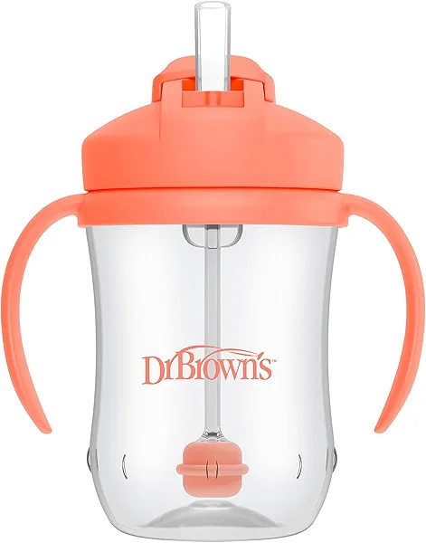Dr. Brown's Milestones Baby's First Straw Cup, Training Cup with Weighted Straw, 9oz/270mL, Coral, BPA Free, 6m+