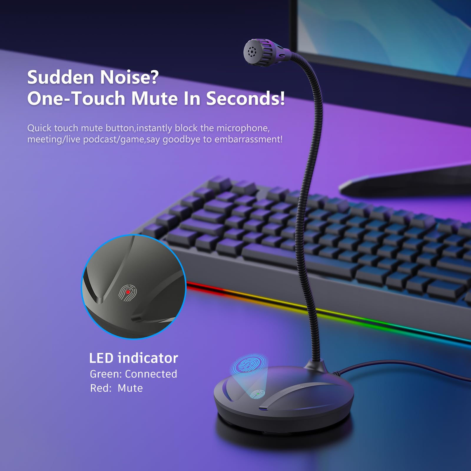 Microfono per strumenti, per canto, podcasting, registrazione video vocale, Plug & Play, microfono USB da tavolo per PC con pulsante mute e indicatore LED, compatibile con Windows/Mac