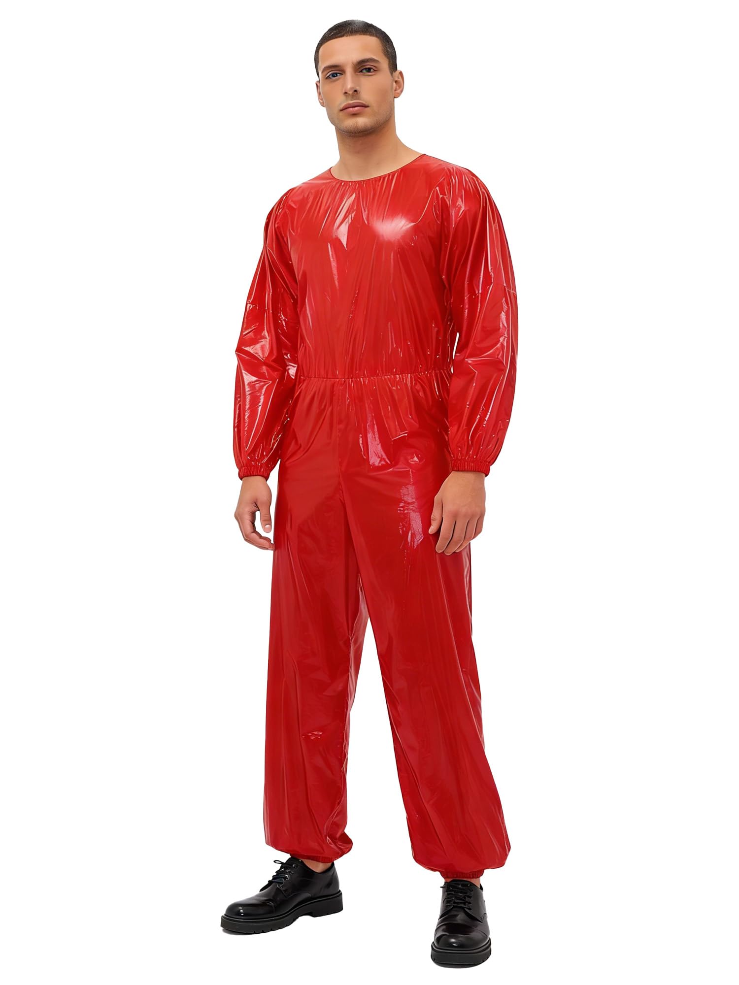 Moggemol Adult Incontinence Plastic Bodysuit Long Sleeve One Piece Windproof Full Body Suit Night Club Leotard Red S