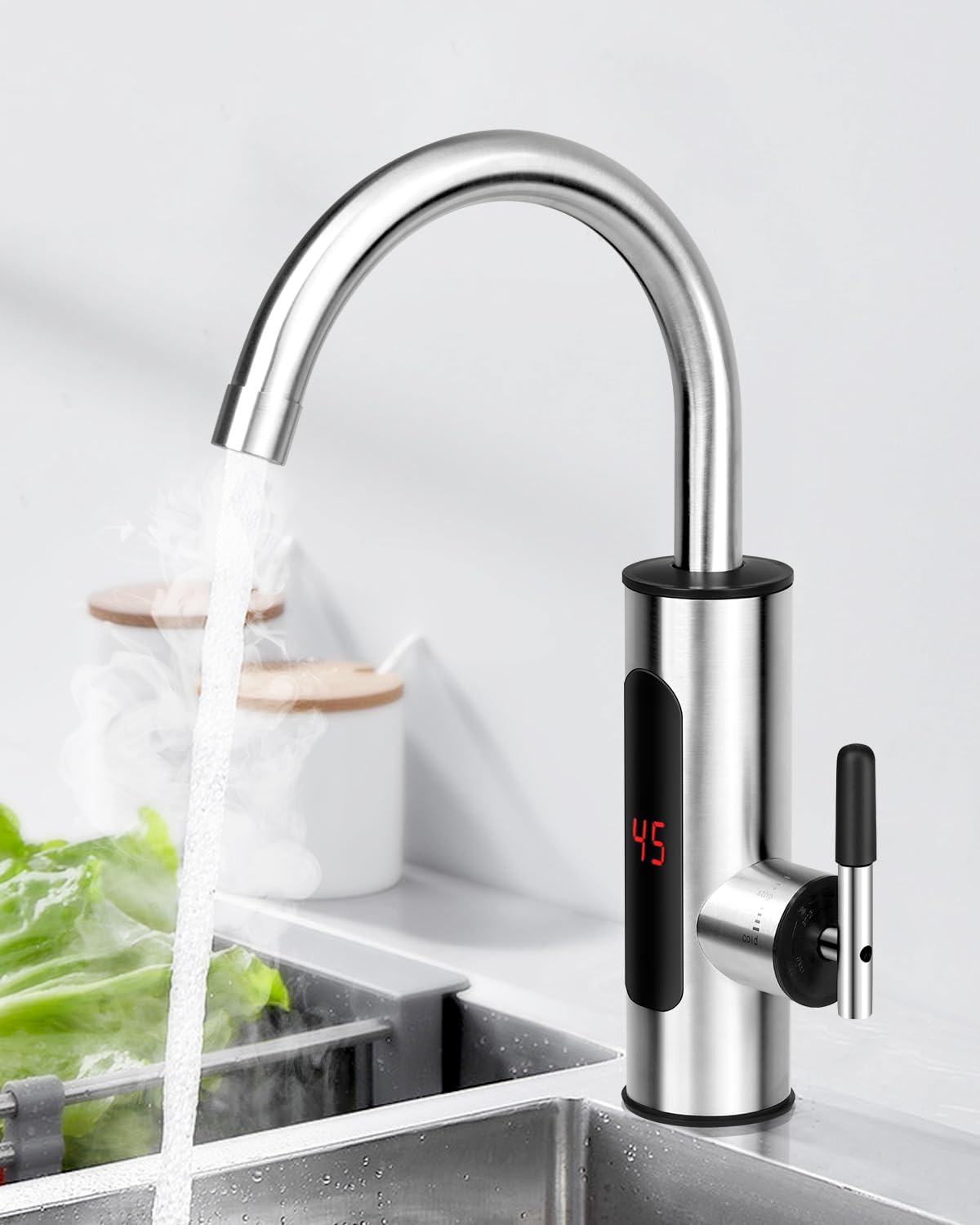 Instant Hot Water Tap, 360° Rotatable Instant Water Heater Tap with Digital Display, 220V 3000W Stainless Steel Electric Water Heater Faucet for Kitchen Bathroom Washroom (Silver)