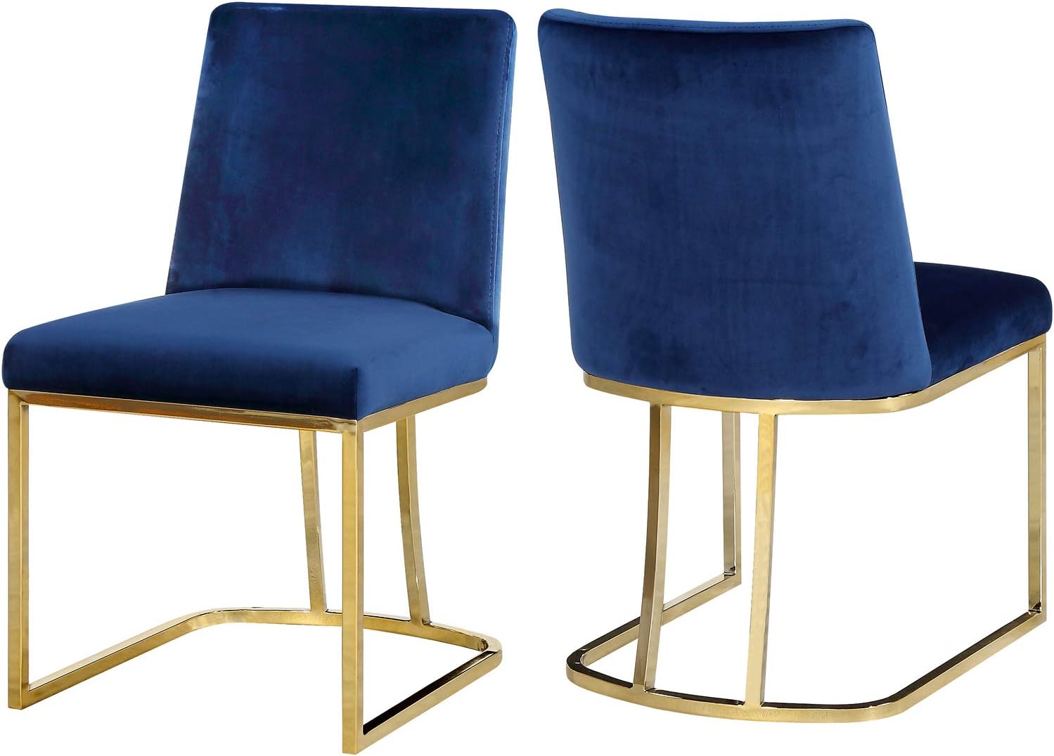 Meridian Furniture Heidi Collection Modern | Contemporary Velvet Upholstered Dining Chair with Polished Gold Metal Frame, Set of 2, 19" W x 23" D x 32" H, Navy - Chairs
