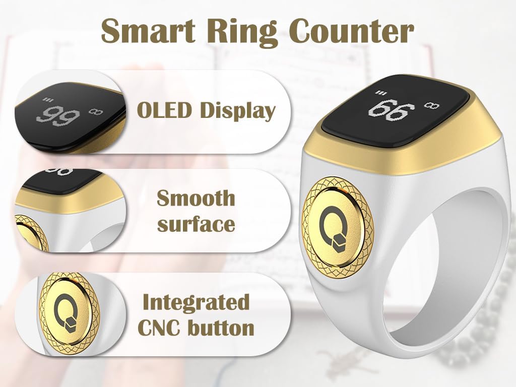 Anlising Smart Ring Counter, Smart Tasbih Zikr Ring, Muslim Islamic Prayer Smart Rings, Tasbih Counter Smart Ring, Tasbeeh Smart Counter, Digital Electronic Smart Tally Counter for Prayer (White,18MM) image 3