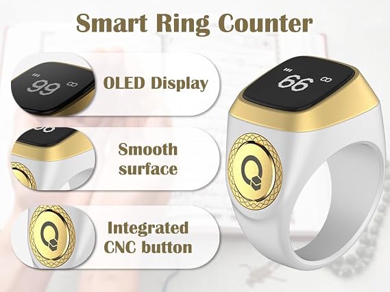 Anlising Smart Ring Counter, Smart Tasbih, Muslim Islamic Prayer Smart Rings, Tasbih Counter Smart Ring, Tasbeeh Smart Counter, Digital Electronic Smart Tally Counter for Prayer (White,20MM)