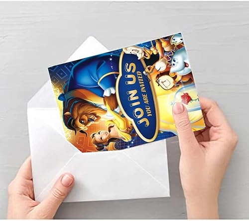 Miniatura 4 de ARHAVI 16 tarjetas de invitación de cumpleaños de la Bella y la Bestia con sobres suministros de fiesta de cumpleaños de princesa Bella para