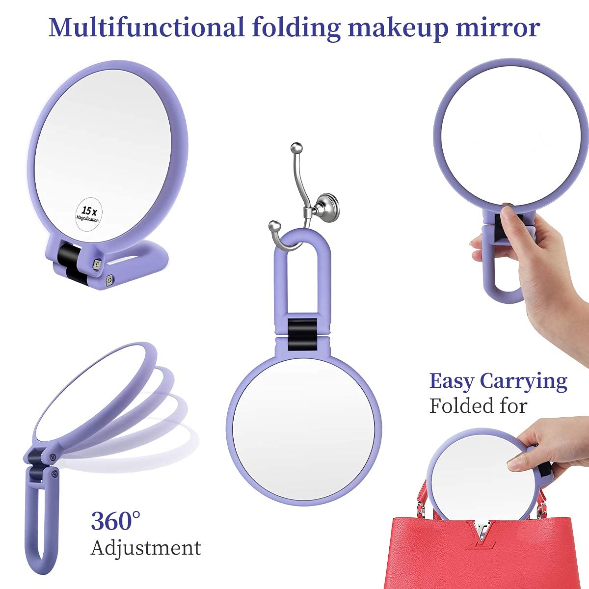 1x 15x Magnifying Hand Held Mirror ,Double Side Folding Magnification Hand Mirror for Women with Adjustable Handle ,Travel Table Desk Shaving Bathroom (Purple) : Beauty & Personal Care