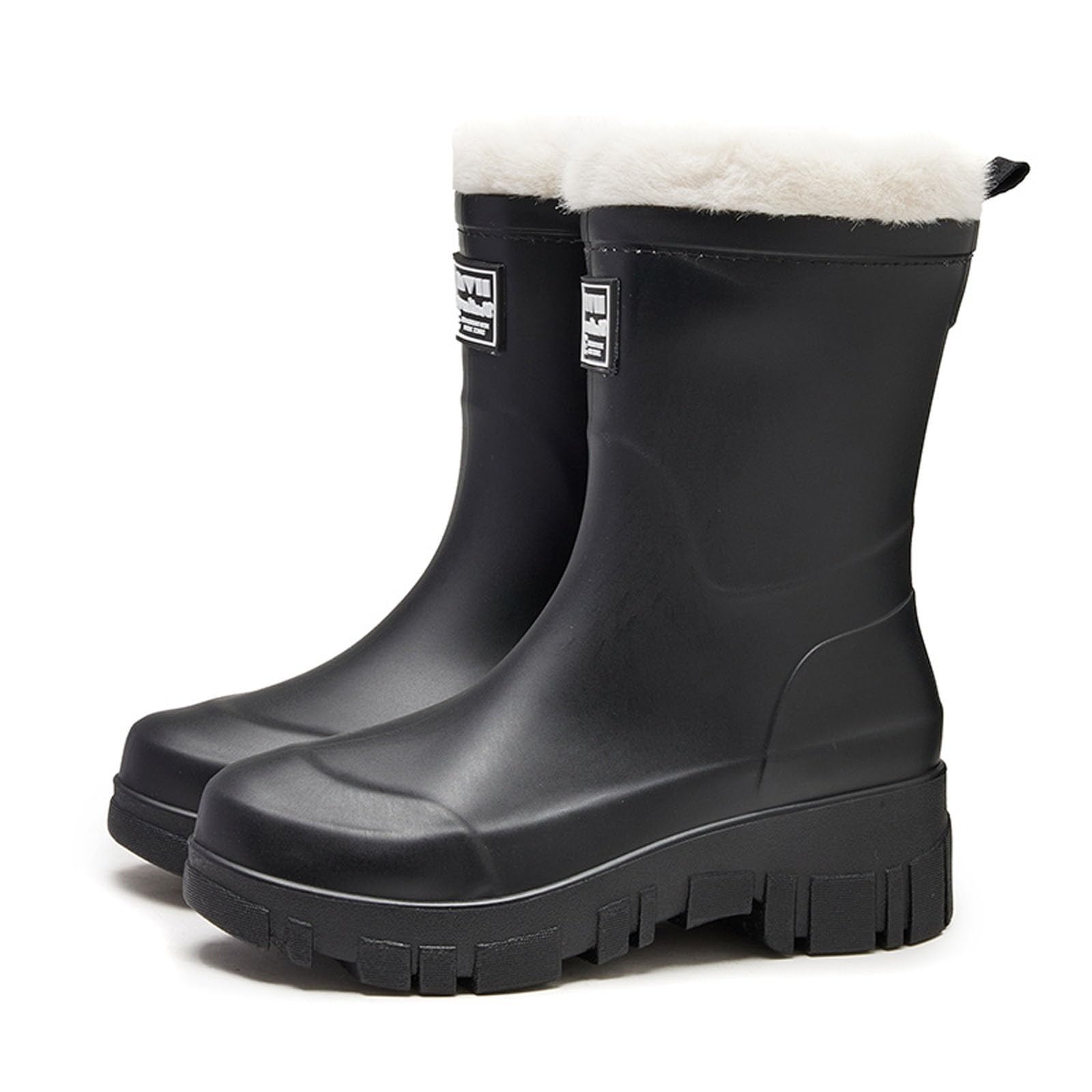 Bottes de Pluie, Bottine Femme Bottes Caoutchouc Fourrées Femme Bottines Talon Carré Mi-Mollet pour Chaussures Pieds Larges
