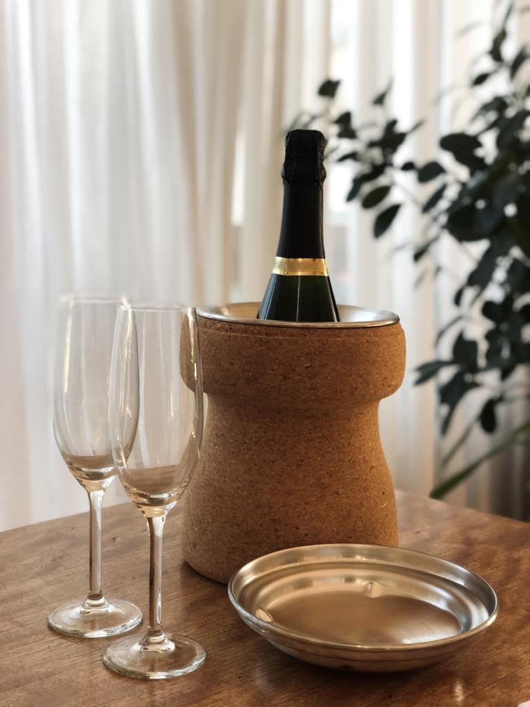 Seau à vin et à champagne en liège | Grand refroidisseur de bouteille en forme de bouchon de champagne | Diamètre intérieur : 10 cm | Extérieur en liège pressé, intérieur en acier inoxydable |