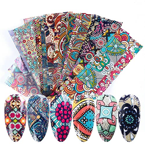Nailgang 16 Sheets Modern Boho Mandala Mehdi Tribal Art Azteca Pyschedelic Nail Foils Nail Art Decoration Picture Transfer Rainbow Paisley Floral Nail White Lace Lingerie Black African Nail Art (4) #TOP2