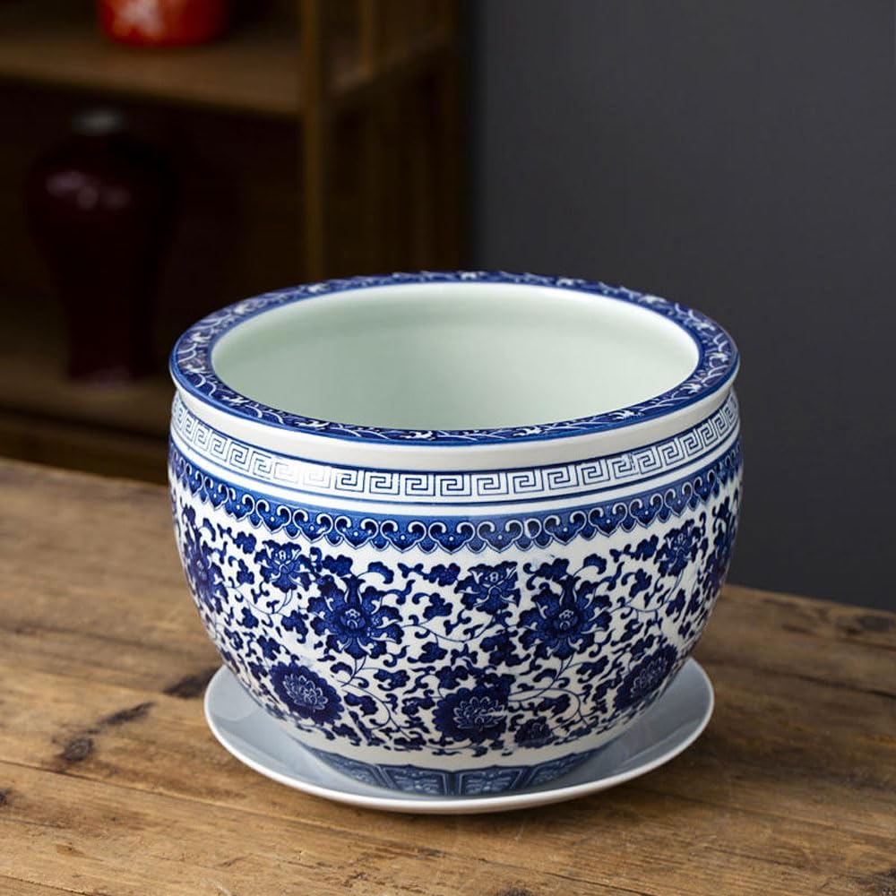DFGHNBVC Blue And White Porcelain Plant Pots With Drainage Holes And Drainage Tray For Indoor And Outdoor Plants, Ceramic Flower Pots,21 * 14cm